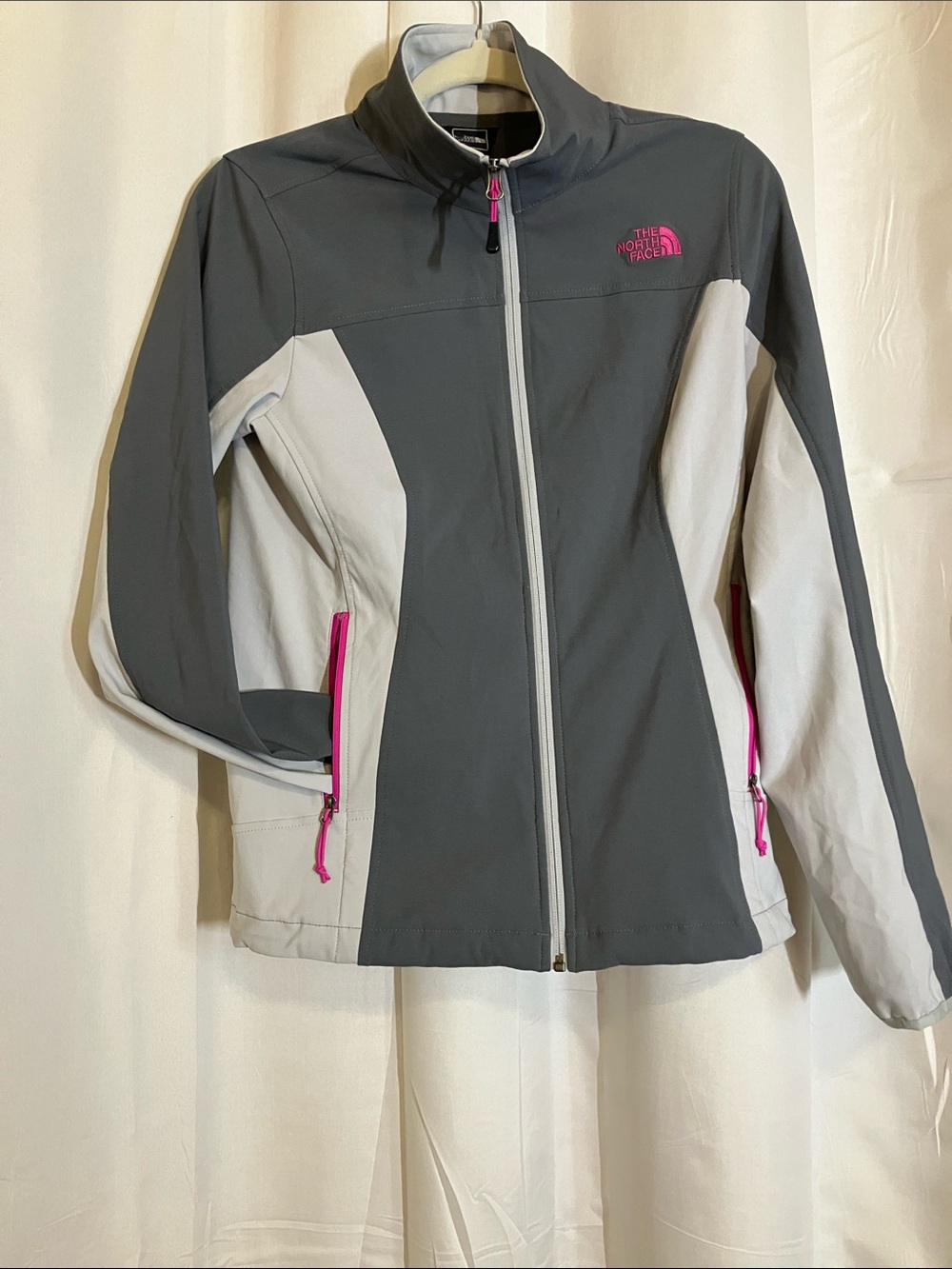 The North Face Gray & White Softshell Jacket with Pink Accents